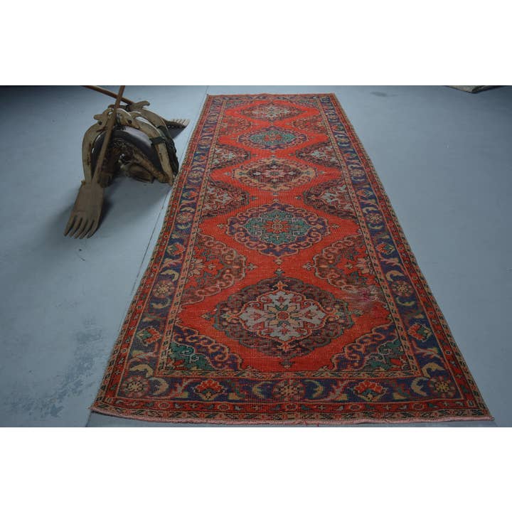 Vintage Handmade Wool Rug - Red & Blue Geometric Design for wholesale by The Loom Wholesale