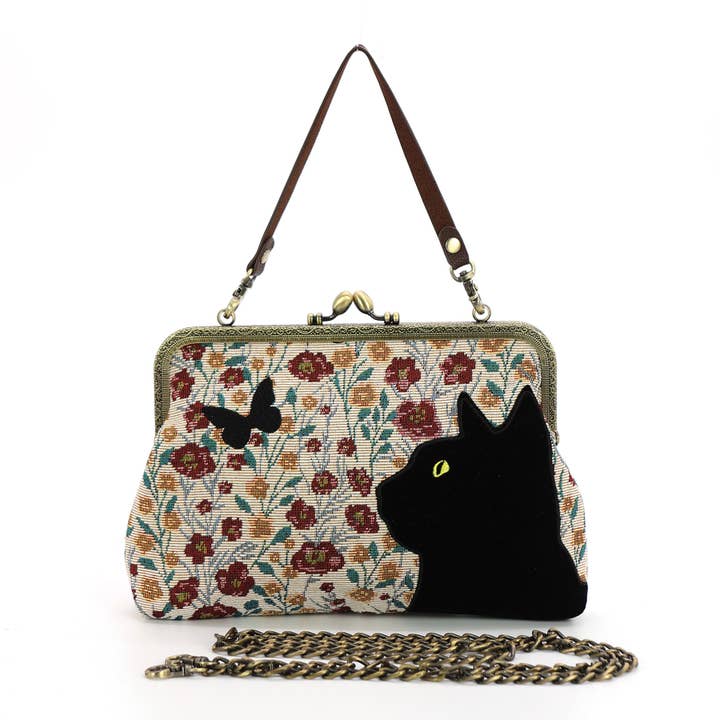 COMECO INC - Wholesale Shoulder Bag - Women's - Floral Black Cat Kisslock Bag