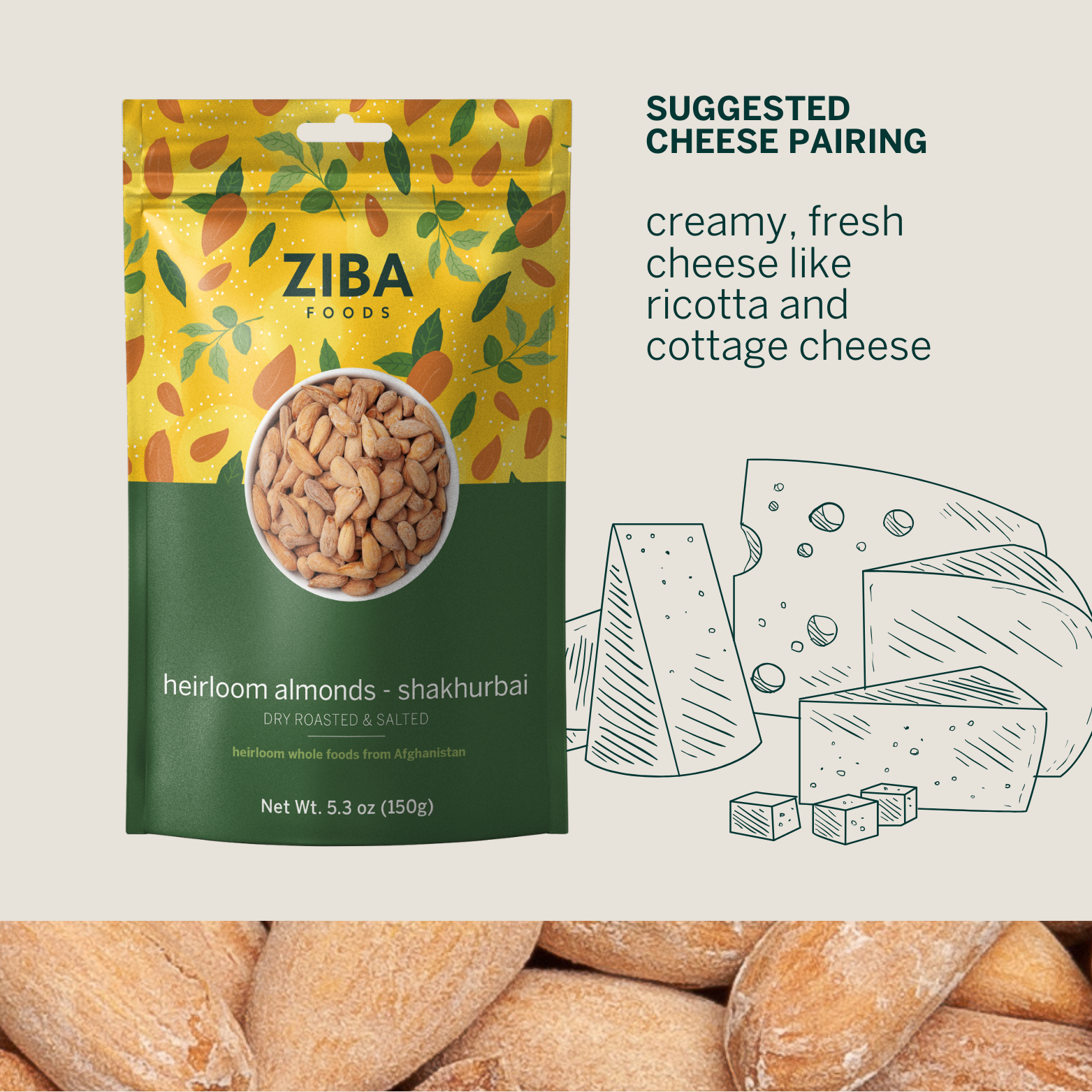 Ziba Foods – wholesale Nötter – Heirloom mandel - Shakhurbai (torr rostad & saltad) 5 oz2