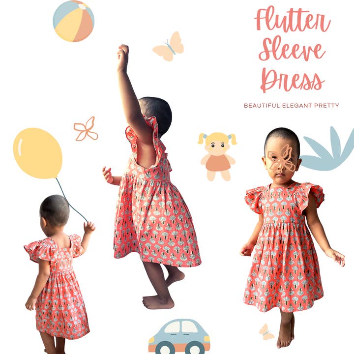 The Indian Bazaar - Wholesale Dress - Kids - Girls Flutter Sleeve Dress - Peach Block Print3
