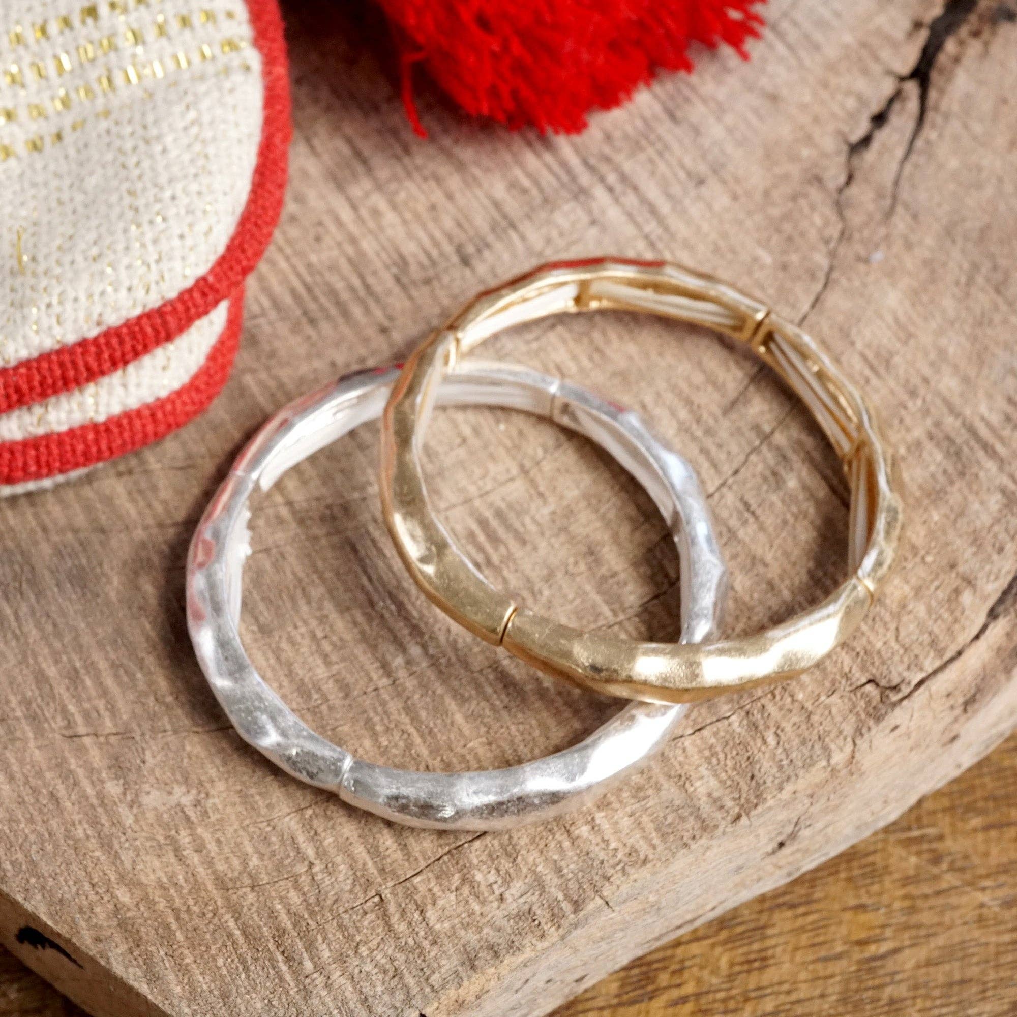 PennyLine inc - Wholesale Bangle Bracelet - Boho Stretchy Minimalist Bangle Raw Textured Worn Gold and Silver tones6