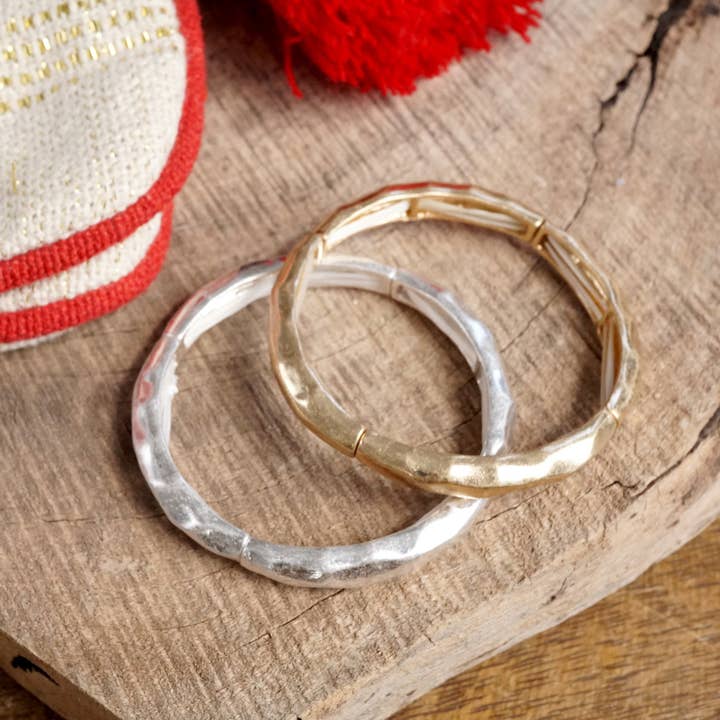PennyLine inc - Wholesale Bangle Bracelet - Boho Stretchy Minimalist Bangle Raw Textured Worn Gold and Silver tones6