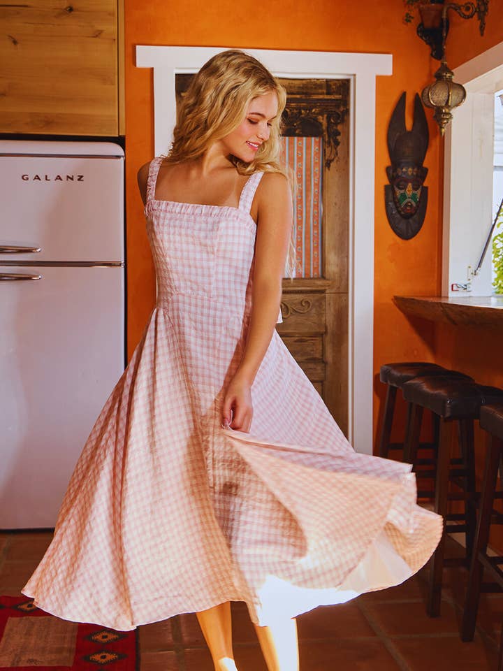 ID4292 Convertible Shoulder Straps Smocked Check Midi Dress for wholesale by BUCKETLIST