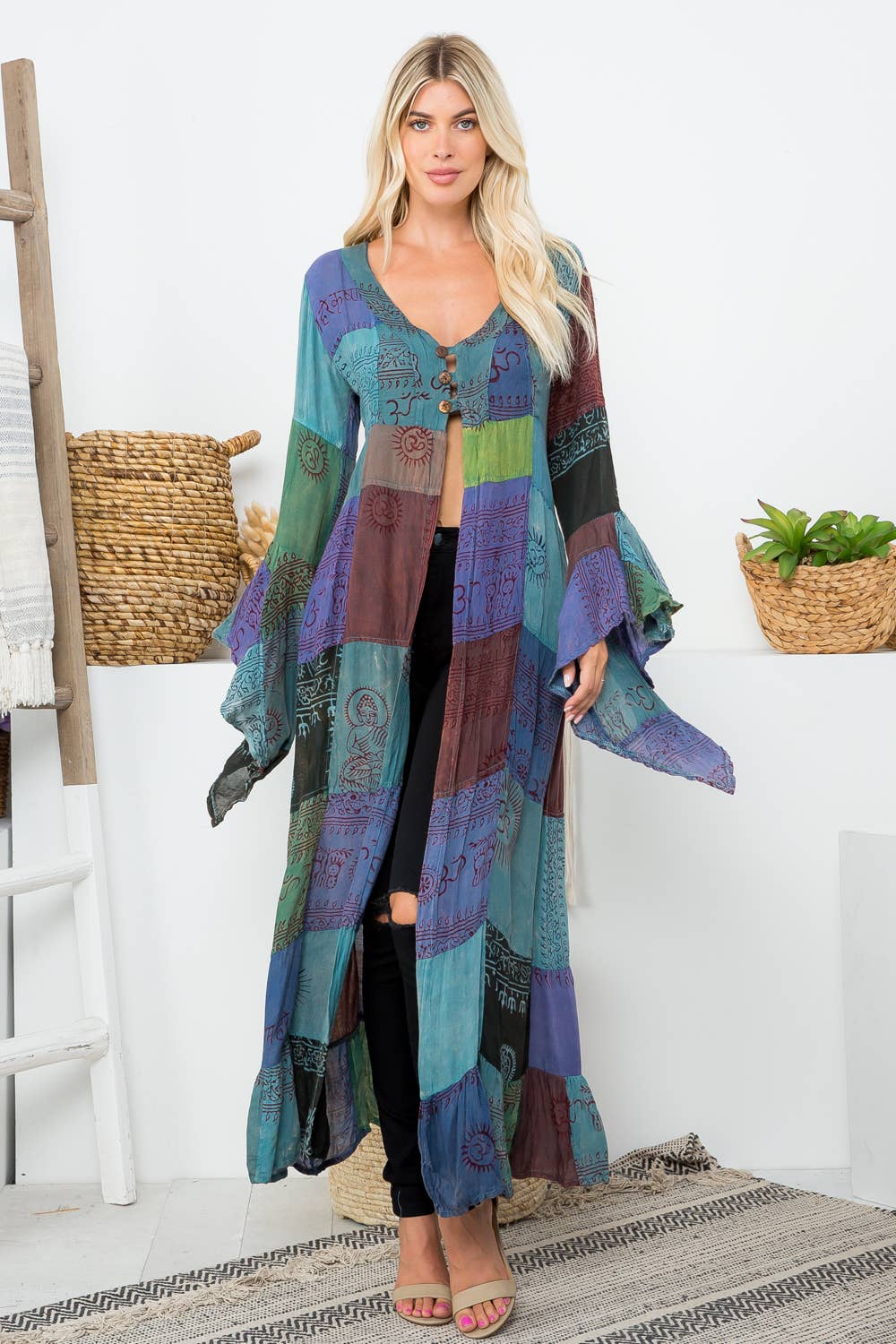 Kathmandu Imports - Wholesale Kimono - Women's - Deity Print Long Bell Sleeves Kimono (KT-1348)