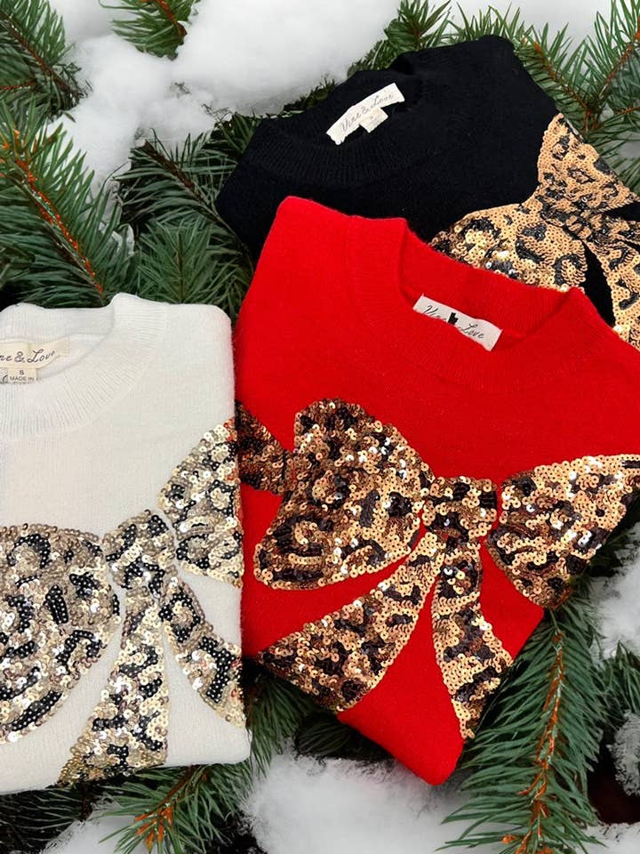 Vine & Love - Wholesale Knit Sweater - Women's - Leopard Sequin Bow Design Crew Neck Knitted Sweater VT82024