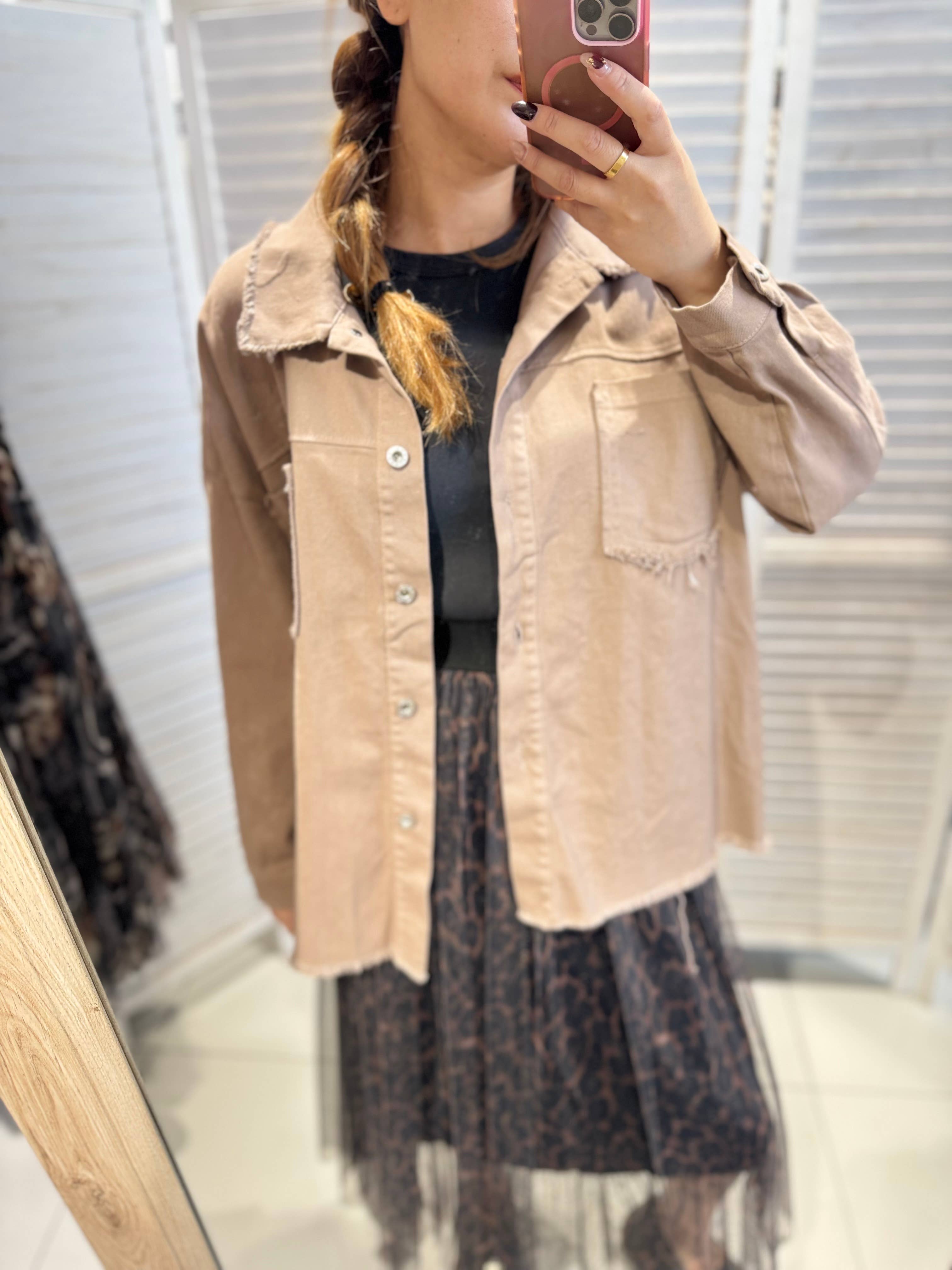 Brown Denim jacket with artistic print for wholesale on Faire2