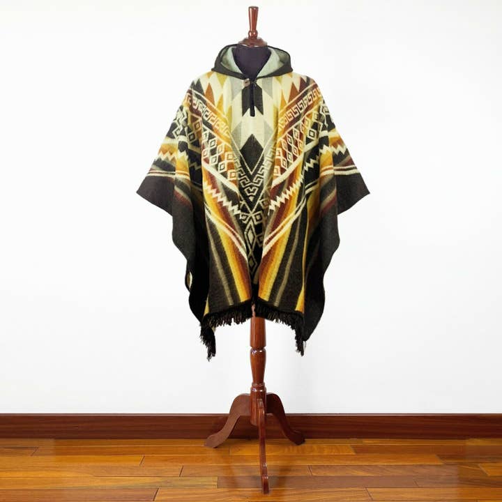 ECUALAMA - Vente Poncho – unisexe - Poncho à capuche en laine d'alpaga unisexe XXL - motif aztèque - MARRON