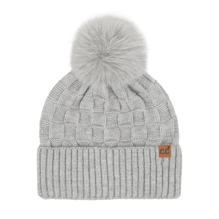 C.C Beanie - Wholesale Beanie - Women's - Woven Checkered Texture Pom C.C Beanie HTC0094