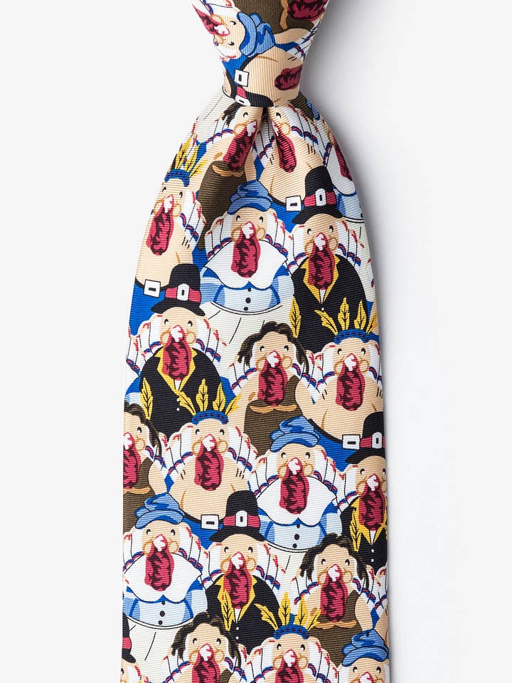 Pilgrims and Indians and Turkeys Oh My! Thanksgiving Necktie for wholesale by Wild Ties