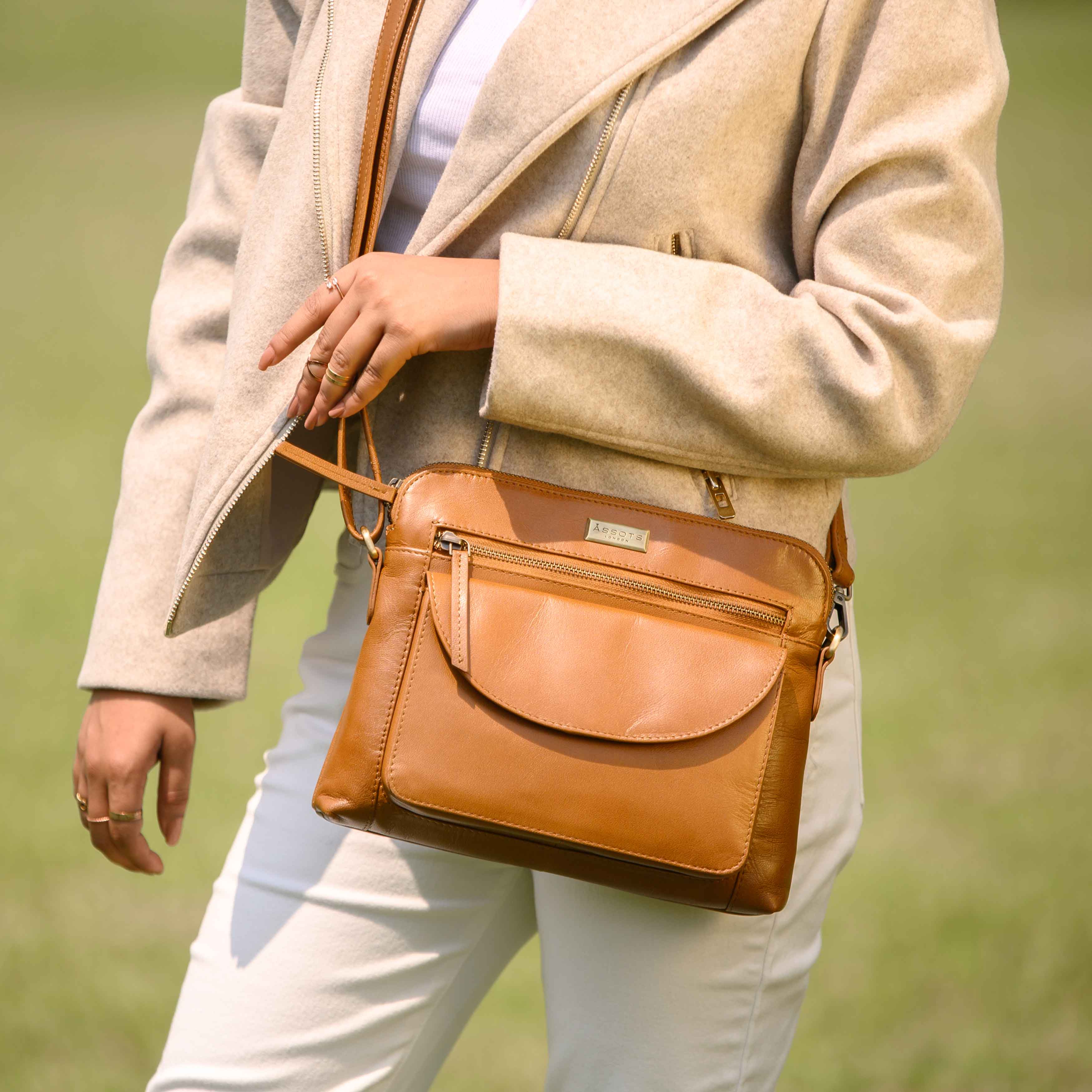 Assots London - Wholesale Crossbody Bag - Women's - 'JEAN' Tan Vegetable Tanned Real Leather Crossbody Bag1