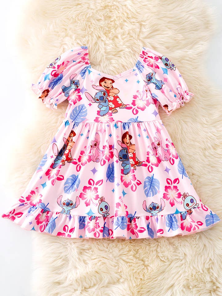 Kids Charm Online - Wholesale Dress - Kids - Lt.pink character printed girls dress w/bubble sleeve. DRG51603 AMY