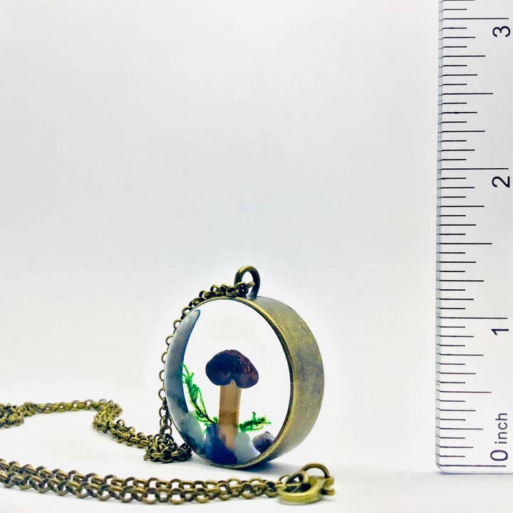 Real Mushroom Curiosity Necklace Pendant 1.25" # 689 for wholesale by Fungus Farm LLC