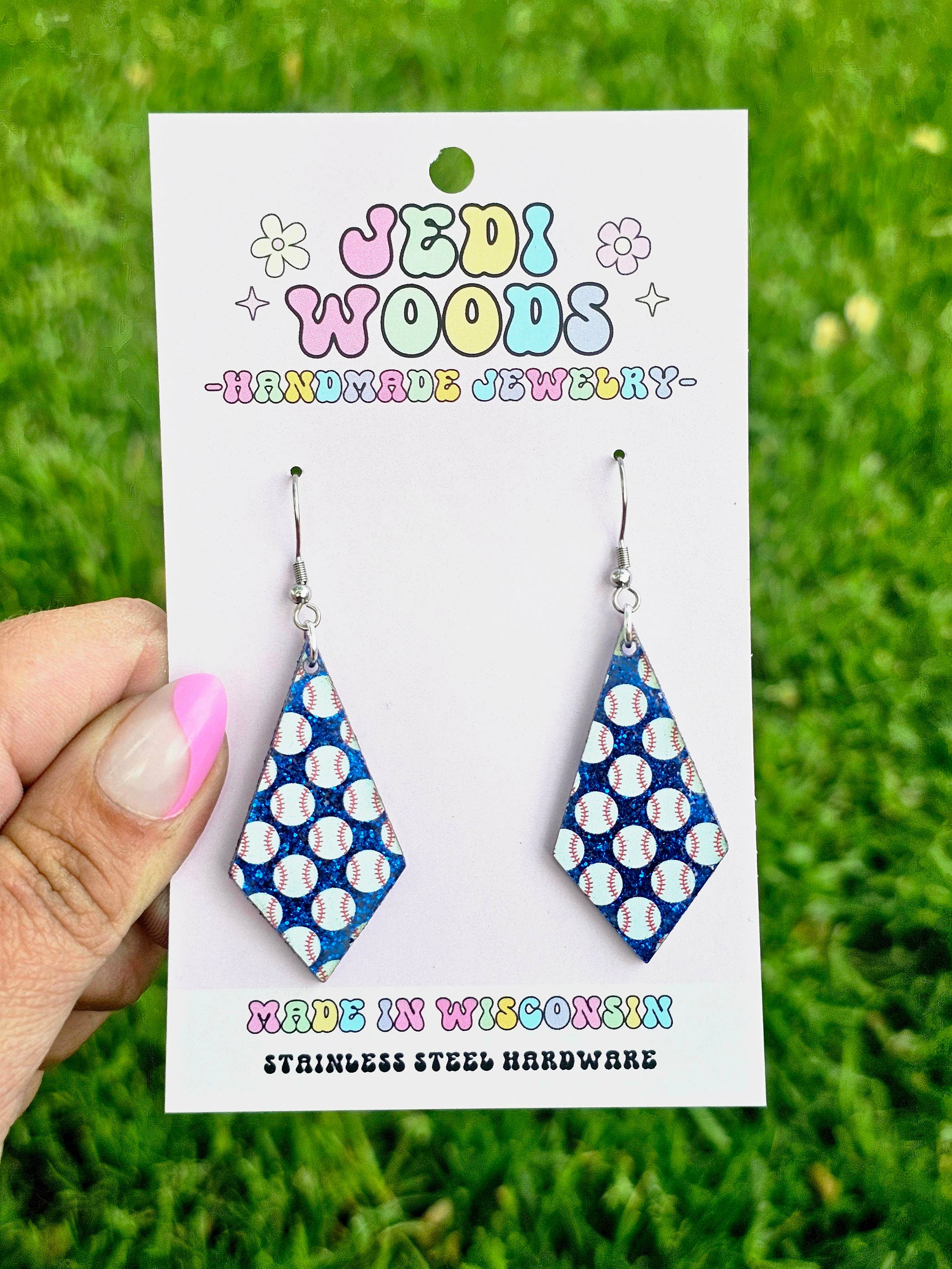 Jedi Woods LLC - Venta al por mayor Pendientes colgantes - Aretes de diamantes de béisbol con purpurina azul4