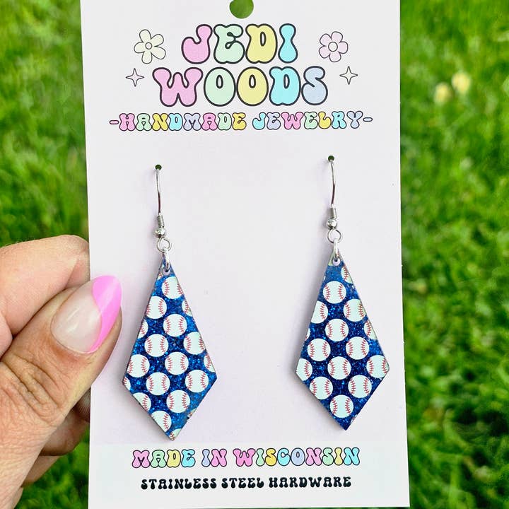 Jedi Woods LLC - Venta al por mayor Pendientes colgantes - Aretes de diamantes de béisbol con purpurina azul4