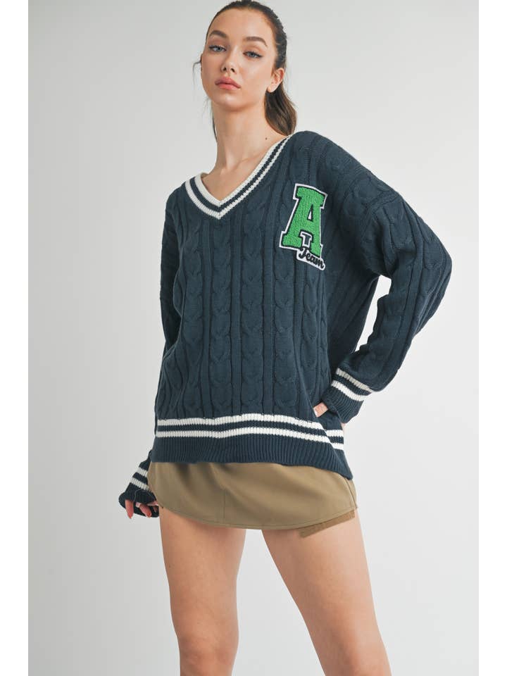 Klesis - Wholesale Knit Sweater - Women's - IT2990 VARSITY PATCH V NECK CABLE KNIT SWEATER18