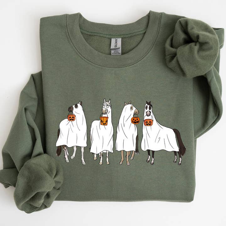 Horse, Ghost, Farm, Skeleton, Witch, Halloween Sweatshirt for wholesale by Refinery Number One LLC