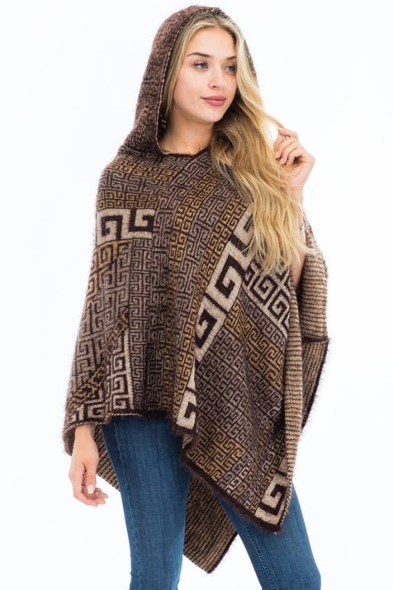 Cap Zone - Vente Poncho – femme - Poncho à capuche en faux angora Greek Key3