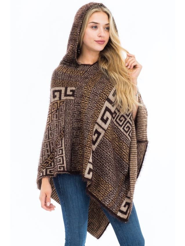 Cap Zone - Vente Poncho – femme - Poncho à capuche en faux angora Greek Key3