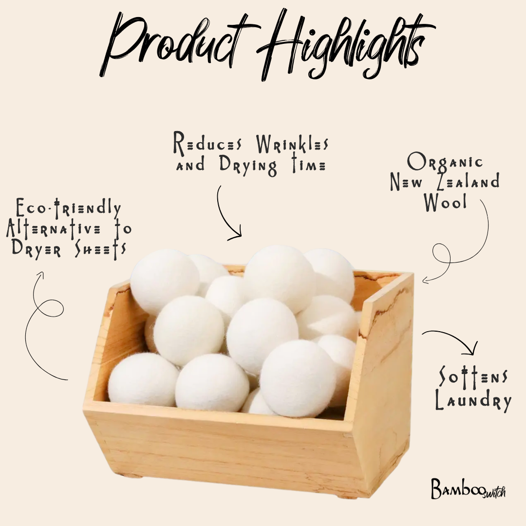 Bamboo Switch - Wholesale Dryer Balls - Set of 6 Organic Wool Dryer Balls | White | Stocking Stuffer1