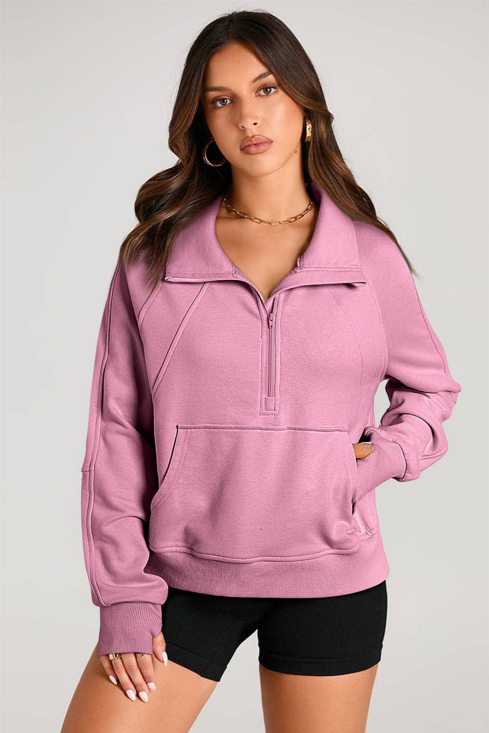 Lovesoft - Wholesale Sweatshirt - Women's - Solid Color Quarter Zip Stand Neck Kangaroo Pocket Sweatshirt7