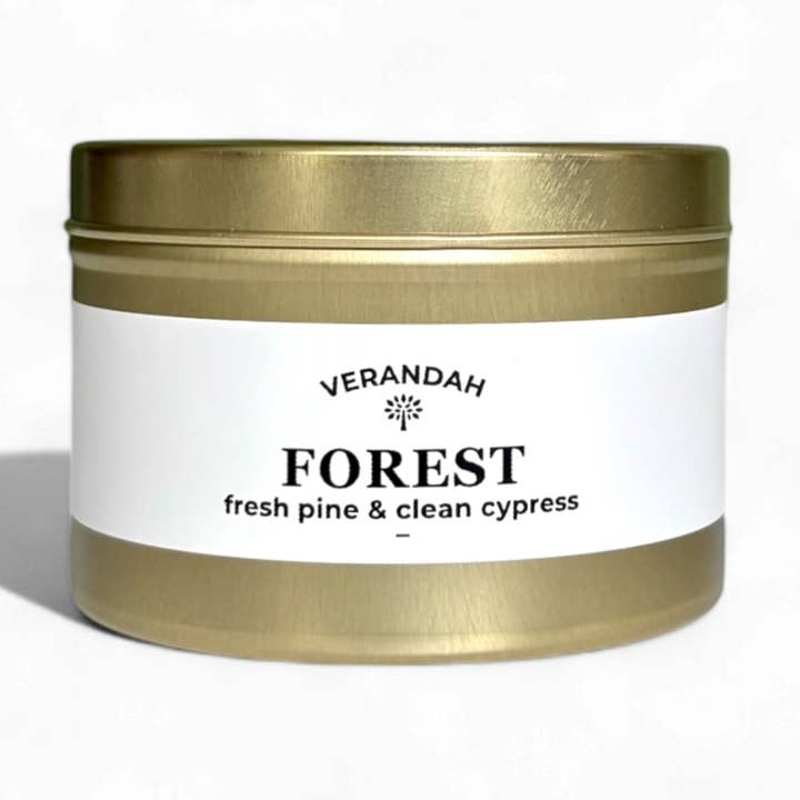 Soy Forest Hand poured 6 oz Candle- Gold Tin for wholesale by Verandah Candle Company