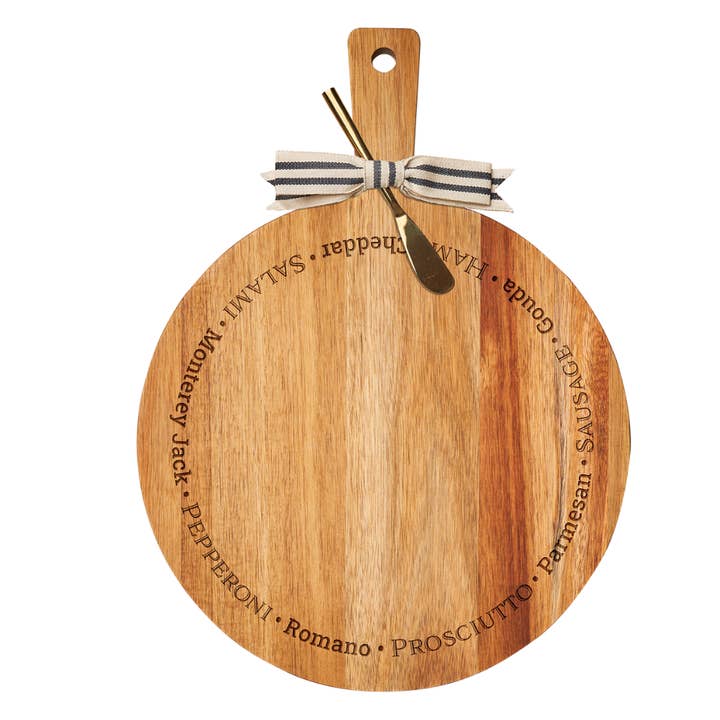 19" x 14" Acacia Thick Handle Round Cutting Board with Gold Spreader | Cheeses for wholesale by Sophistiplate