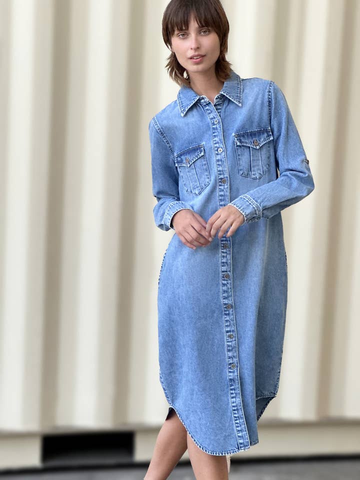 Market Blue Soft Denim Maxi Shirtdress for wholesale on Faire2