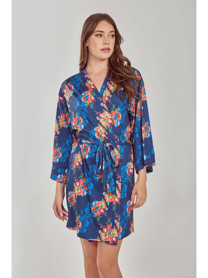 Blue Elsia Printed Self Tie Robe with Inner Ties for wholesale on Faire