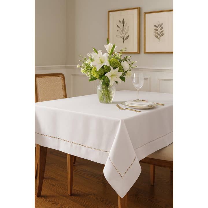 Fennco Styles - Wholesale Tablecloth - White Hemstitch Tablecloth2