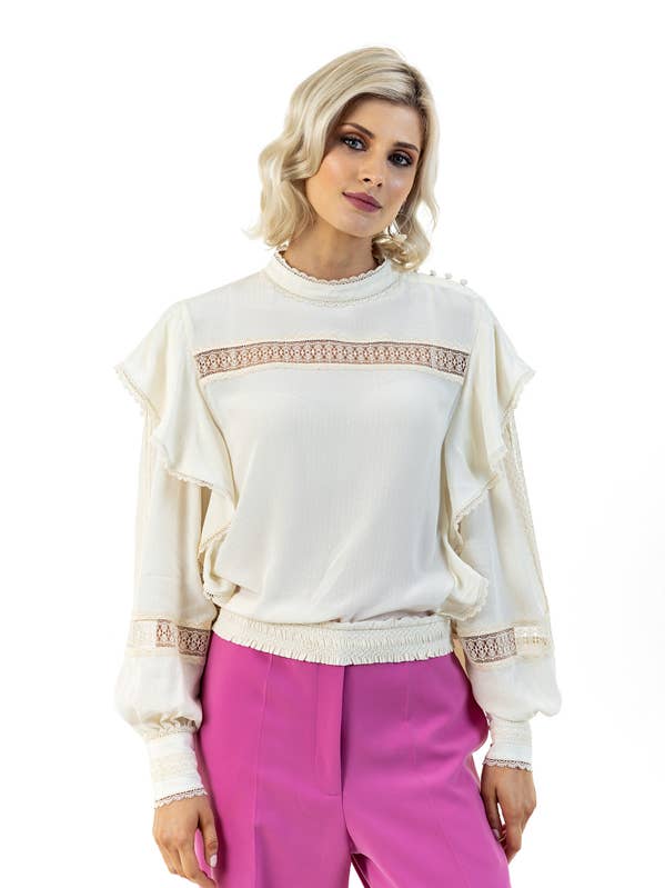 Xena - Blouse With Lace and Embroidery - Cream (875/67) for wholesale by FEE G