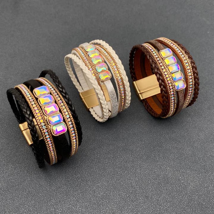 Mio Queena - Wholesale Bangle Bracelet - Boho Sparkling Rhinestone Multi-layer Leather Bracelet - LB2