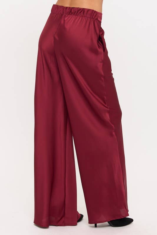 Burgundy Made in USA Satin Pants w/ Elastic Waist and Pockets for wholesale on Faire2