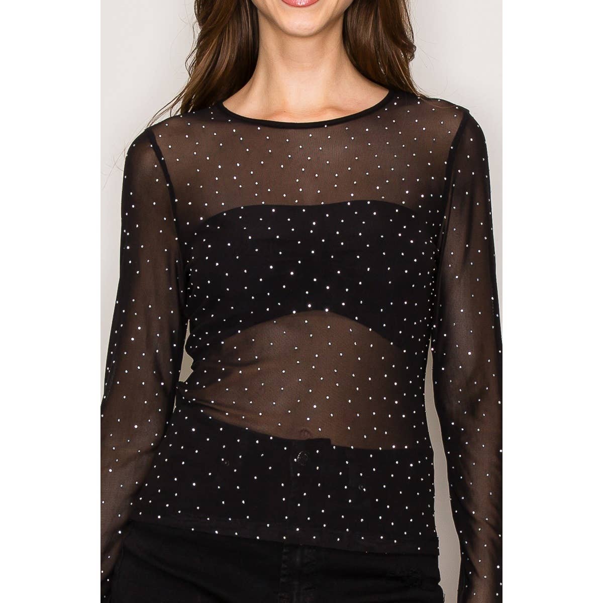 Popular 21 – wholesale Knit top – Women's – Rhinestone Embellished Mesh Long Sleeve Knit Top1