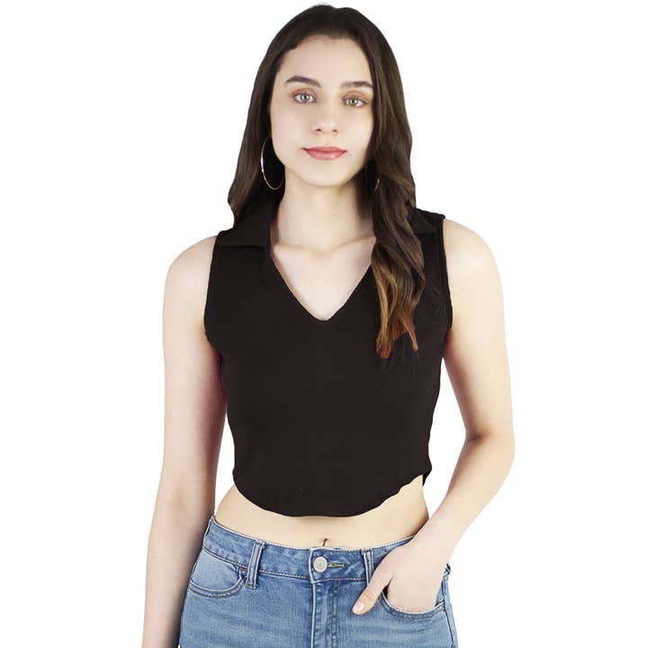 Artyska Dames Zomer V-hals Mouwloze Geribbelde Casual Crop Top met Kraag voor wholesale door Artyska