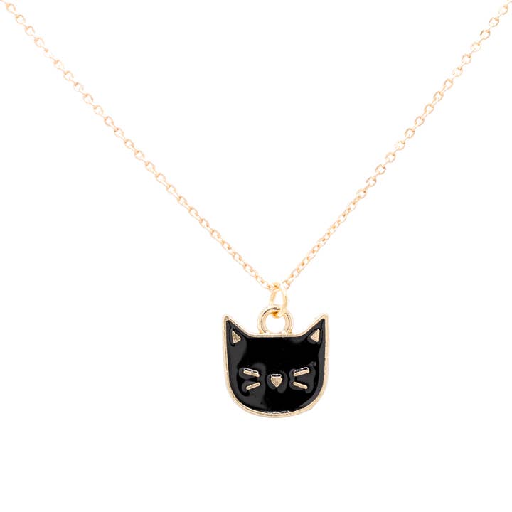 Black Cat Enamel Charm Necklace Children Animal Pet Gold for wholesale by Rebecca Accessories LLC