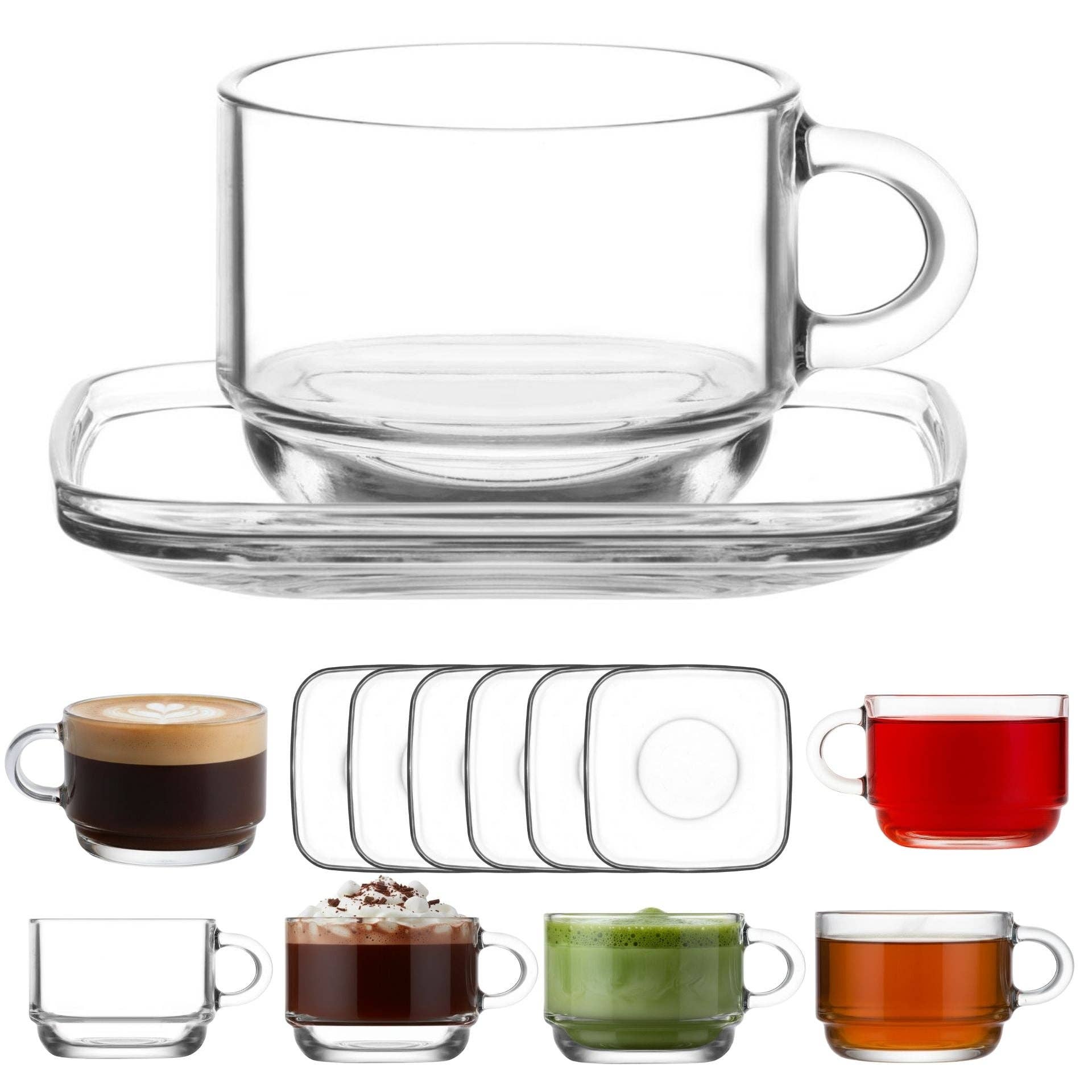 Biomatea - Vendita all'ingrosso Tazza da tè/caffè - Set di tazze in vetro Cozy 12 pezzi – 6 tazze in vetro con manico (270 ml) + 6 piattini in vetro – Impilabile1