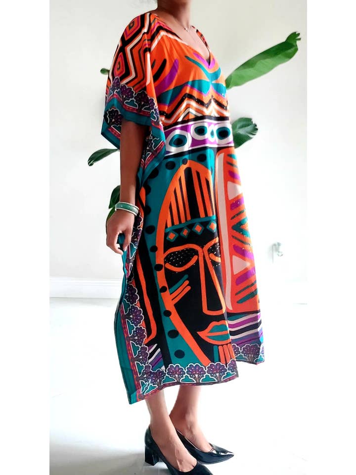 India Batik - Wholesale Kaftan - Women's - Afro Print Middi Kaftan Dress