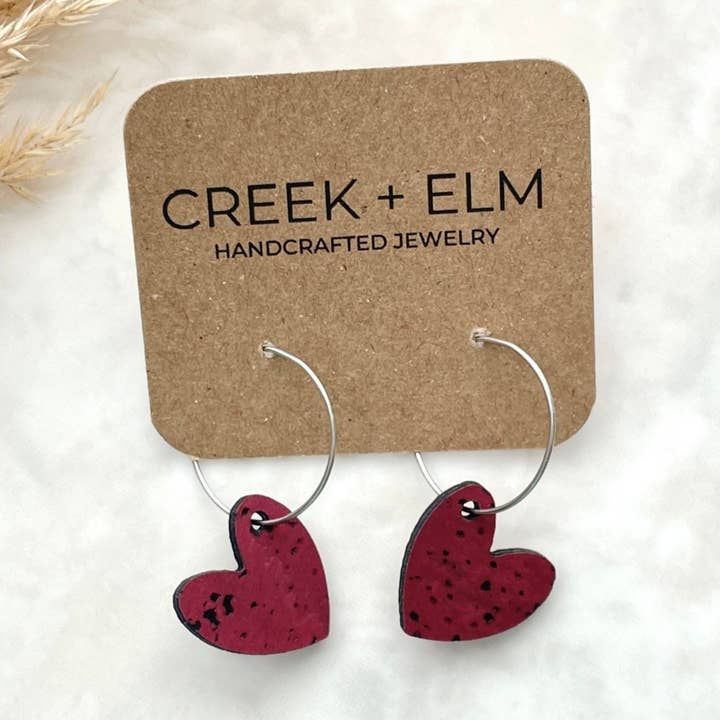 Juliet Heart Hoop Cork Earrings-Red Wine for wholesale by Creek and Elm