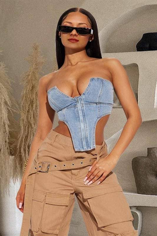 BLUE denim bustier top for wholesale on Faire2