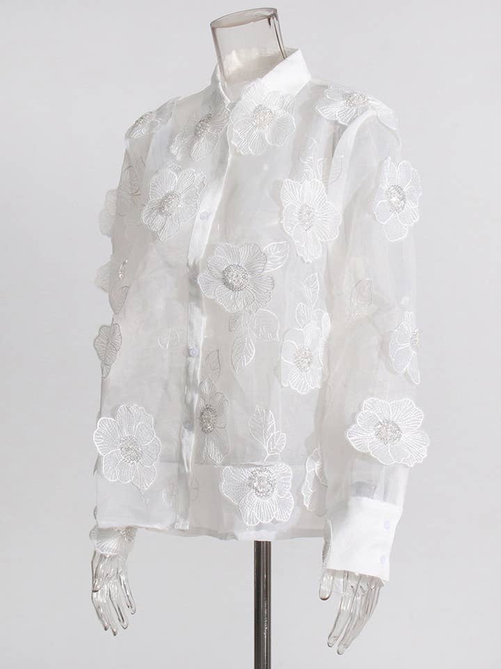 Productseeker - Wholesale Button Down Shirt - Women's - ST003 Luxe Organza Shirt with 3D Floral Sequin Detail