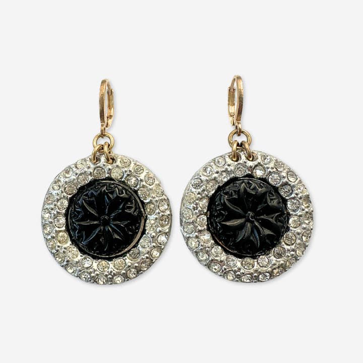 Refashioned vintage clear rhinestone and black large circular earrings for wholesale by Lulu’s Petals