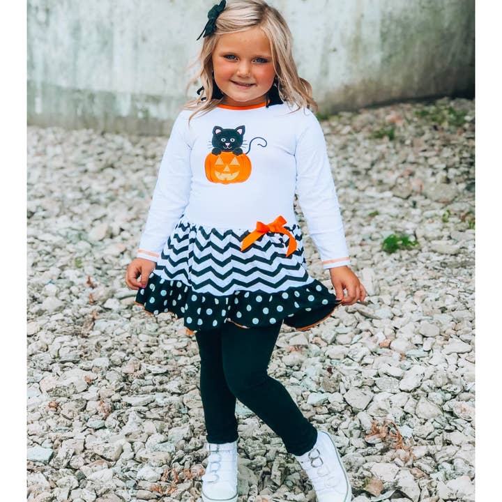 AnnLoren - Vendita all'ingrosso Completo top e leggings - Bambini - Abbigliamento di Halloween per bambine Set tunica zucca e gatto nero taglia 7/83