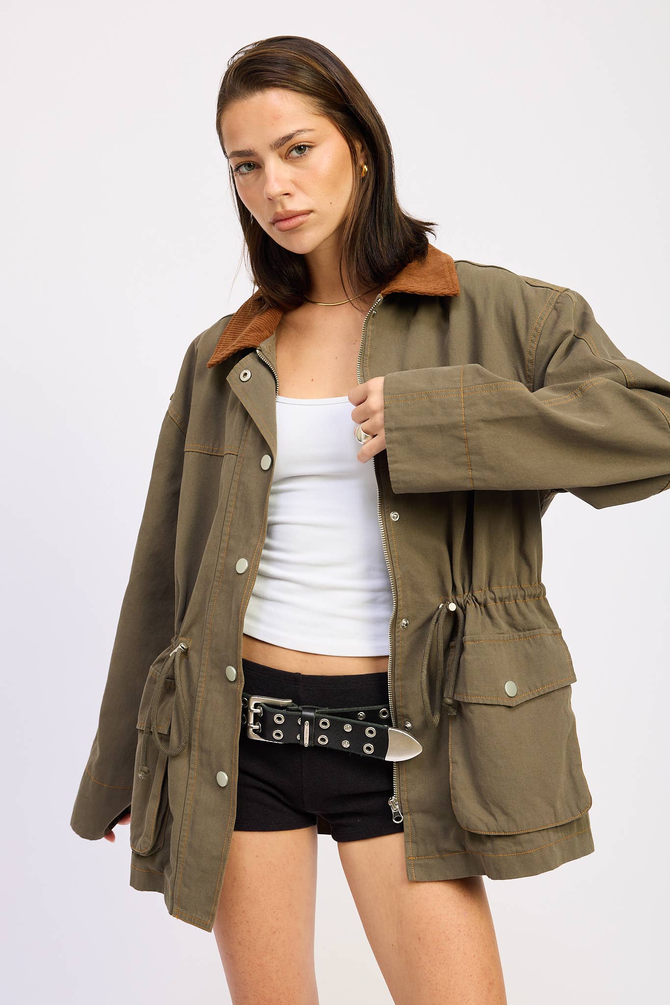 OLIVE PANELED CHORE JACKET WITH WAIST TIE for wholesale on Faire3