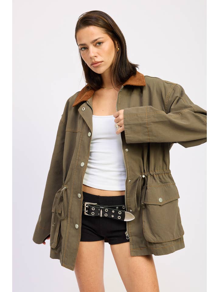 OLIVE PANELED CHORE JACKET WITH WAIST TIE for wholesale on Faire3