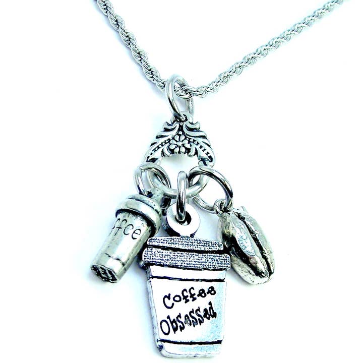 Chubby Chico Charms - Wholesale Pendant/Charm Necklace - Coffee Obsessed coffee bean and cup Charm Holder Necklace2
