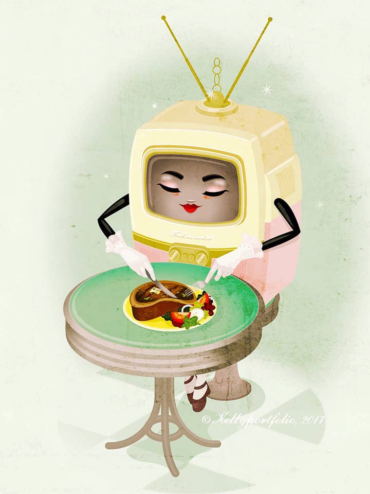 TV-middag 5x7 Tryck: Retro Heminredning Illustration för wholesale av Kitschy Delish