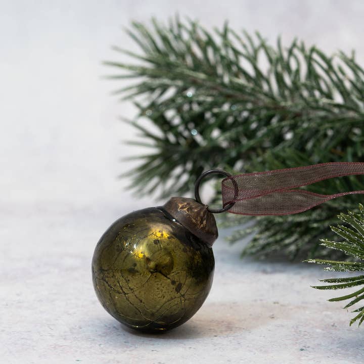 Set of 6 Small 1" Olive Green Crackle Glass Baubles for wholesale by Bollywood Christmas