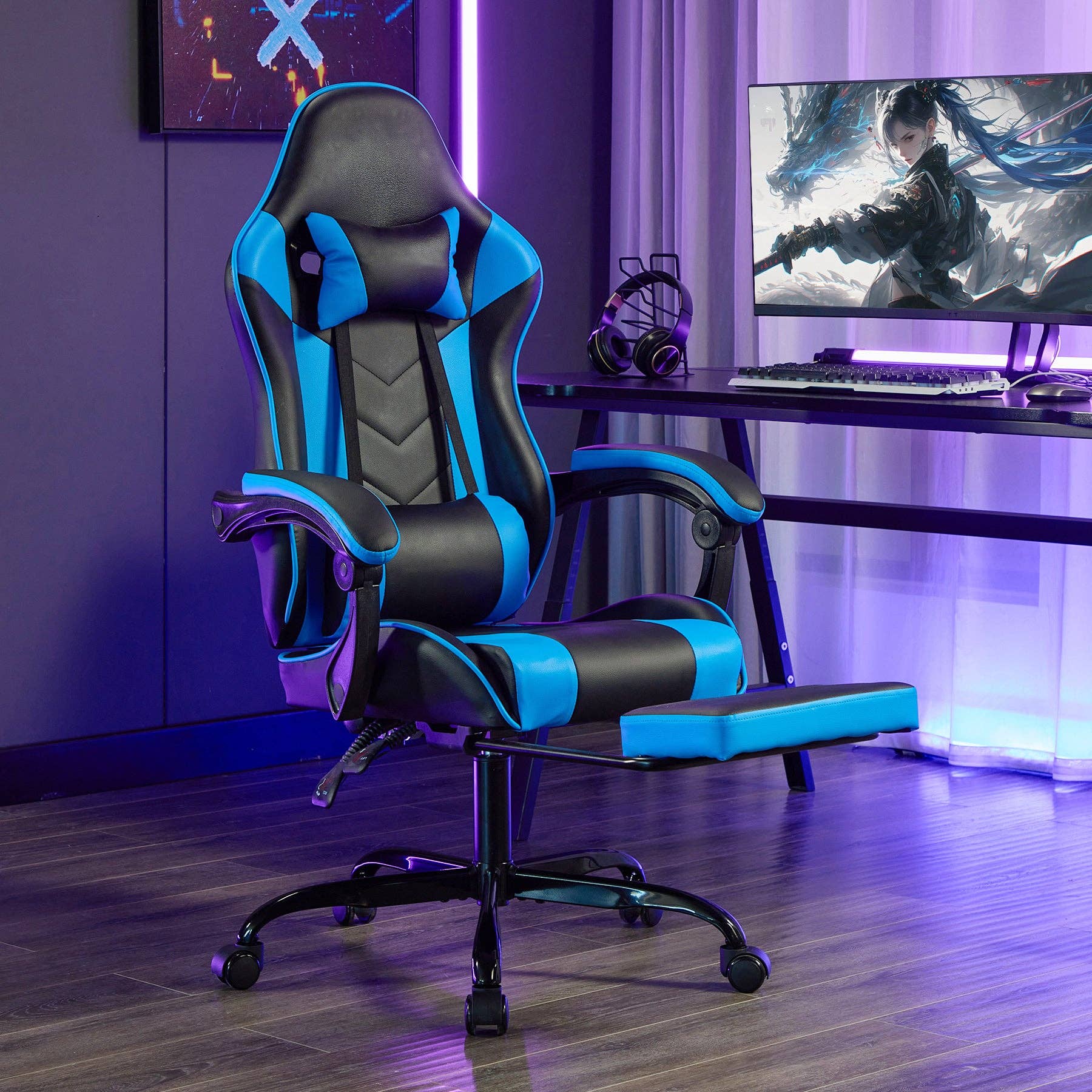 39F Inc. - Wholesale Chair - Blackblue Gaming Chair with Footrest & Ergonomic Support6