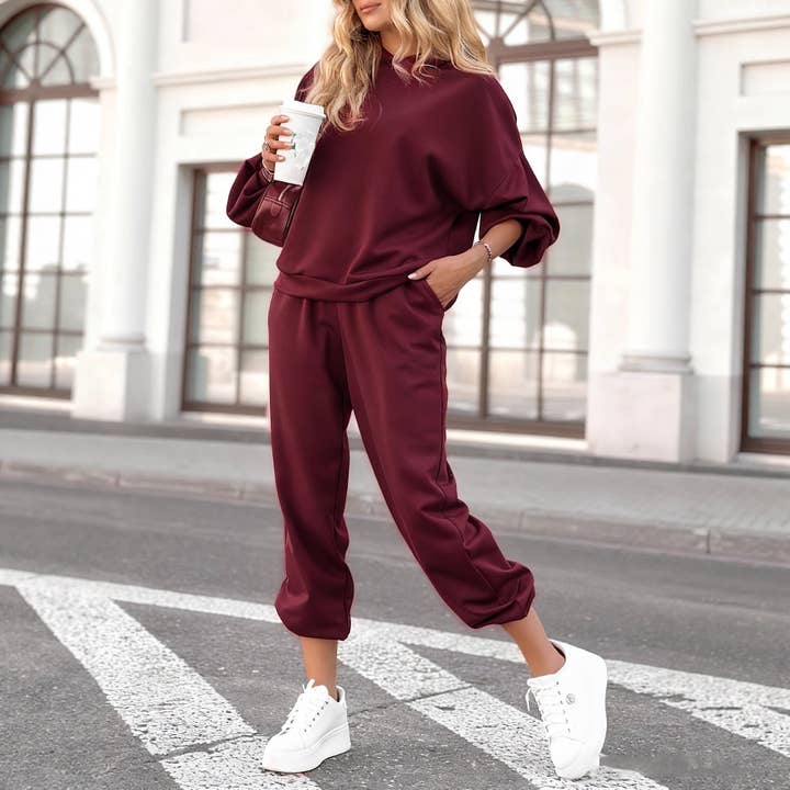 Conjunto Casual Feminino de Cor Sólida com Camisola de Gola Redonda e Calças por atacado de EmberLoom