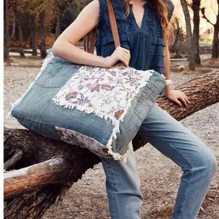Texas Western Cowhide Bags and More - Wholesale Weekender Bag - Women's - Floral and Denim Weekender Travel Bag Myra